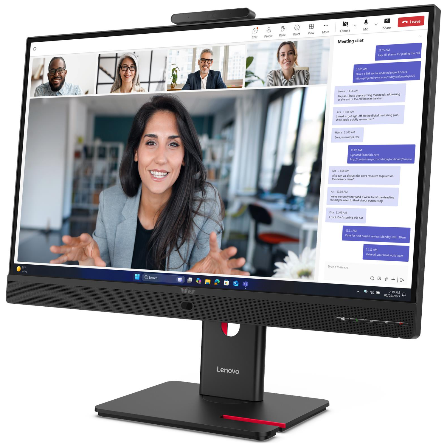 A man and three women in a video call on a Lenovo monitor with a chat window.