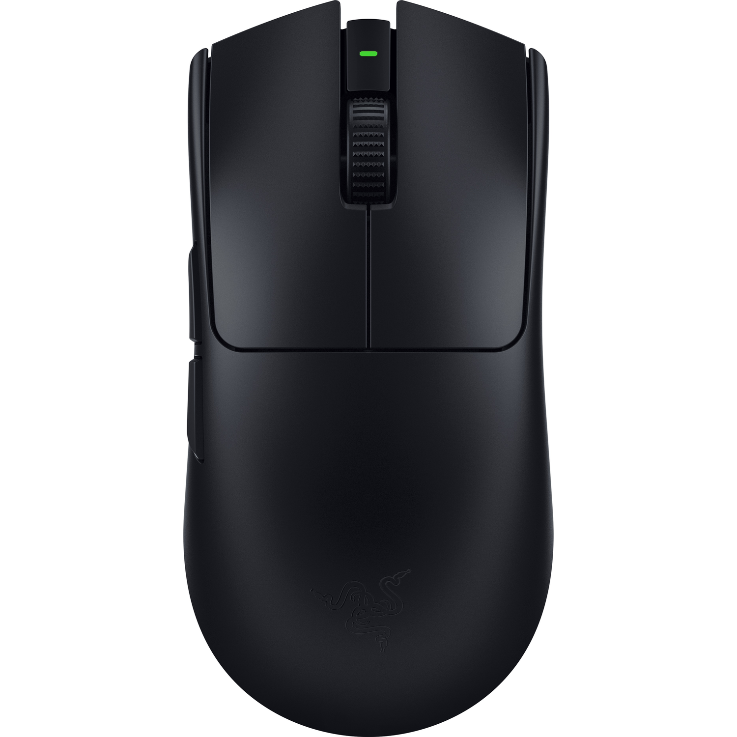 Zwarte gamingmuis met Razer-logo en groene indicatorlamp aan de bovenkant.