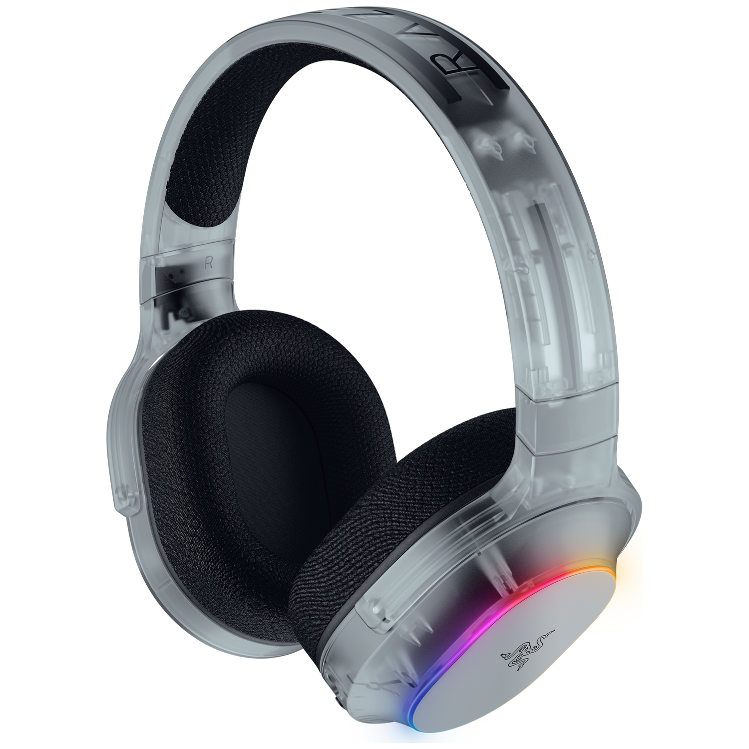 Transparent headphones with black padding and colorful lighting on the earcups.
