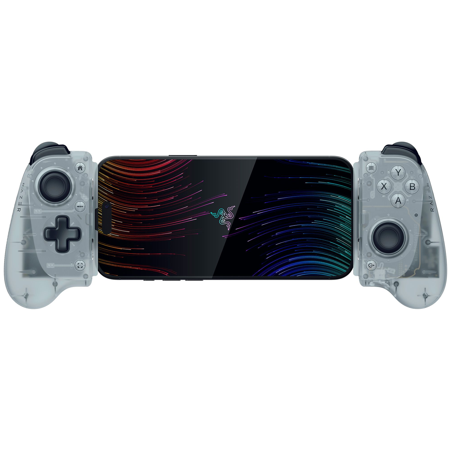 Smartphone with Razer controller attachment, rainbow lines, and logo.