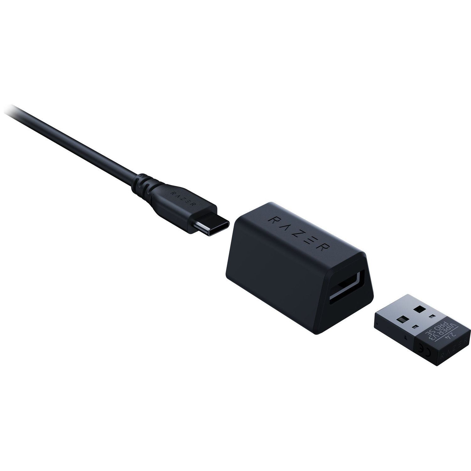 Een zwarte Razer USB-C adapter met een USB-dongle en een kabel.