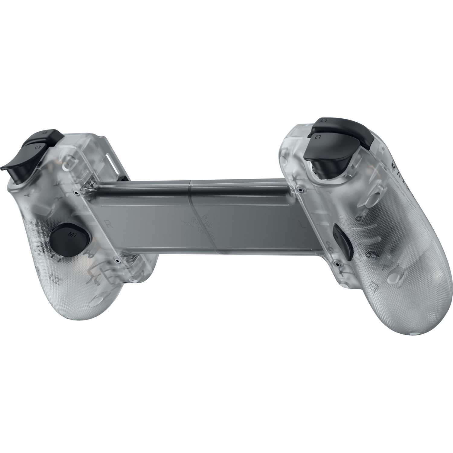 A transparent gaming controller with black buttons and a gray middle section.