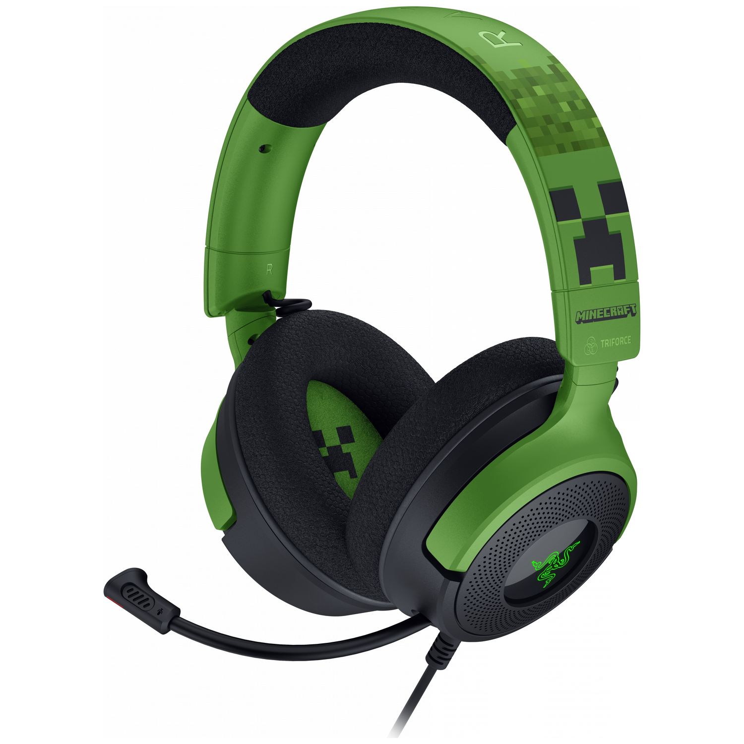 Green Minecraft headphones with Creeper design and microphone.
