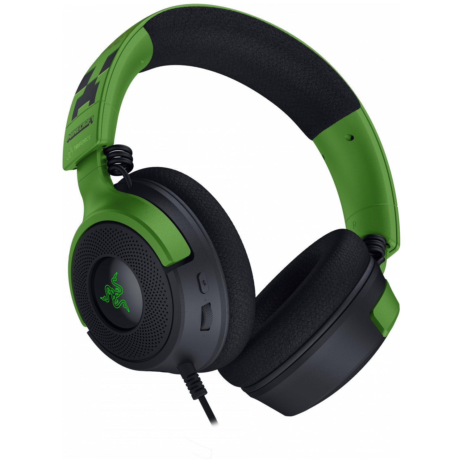 Green gaming headphones featuring Minecraft logo and black headband.