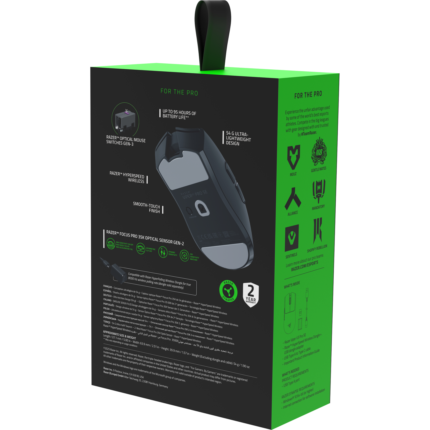 Razer Viper V3 Pro SE gaming muis verpakking met productkenmerken en logo's.