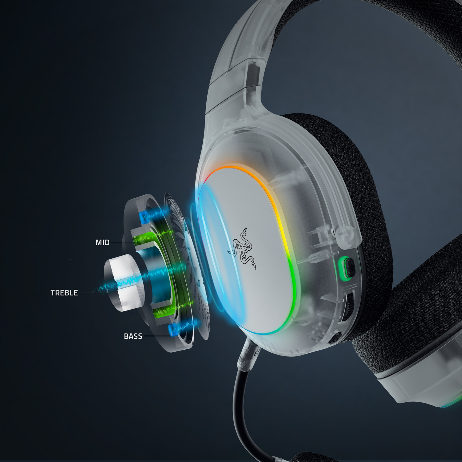 Headphones with transparent casing, illuminated, showing bass, mid, and treble drivers.