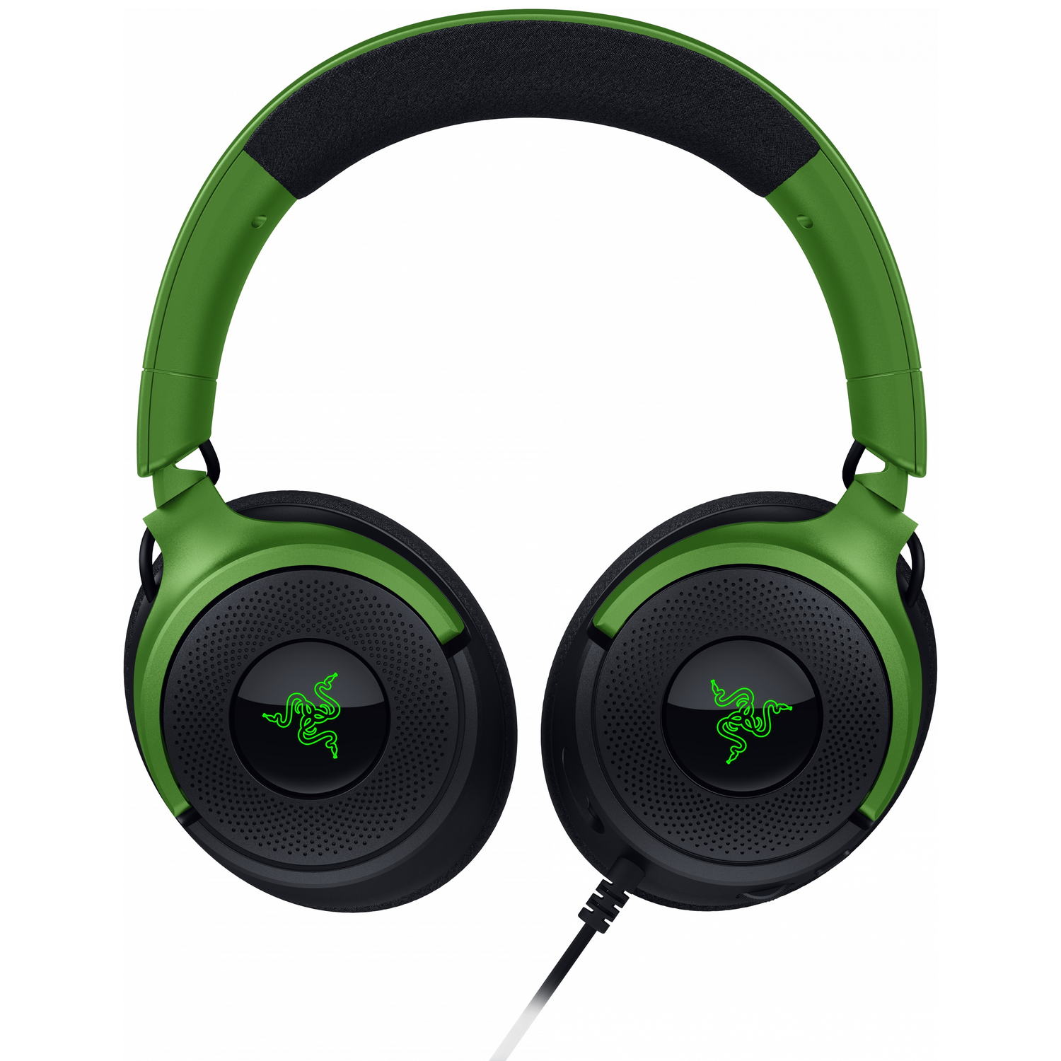 Green headphones with a black headband and logo on the earcups.