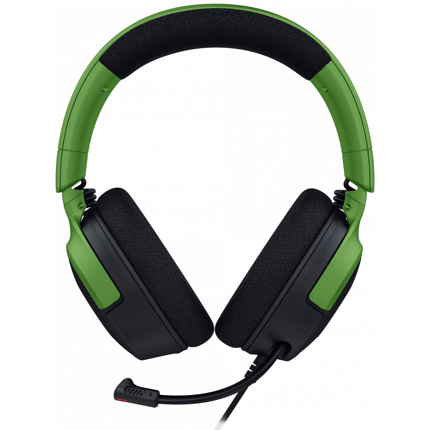 Green and black headphones with a microphone on a white background.