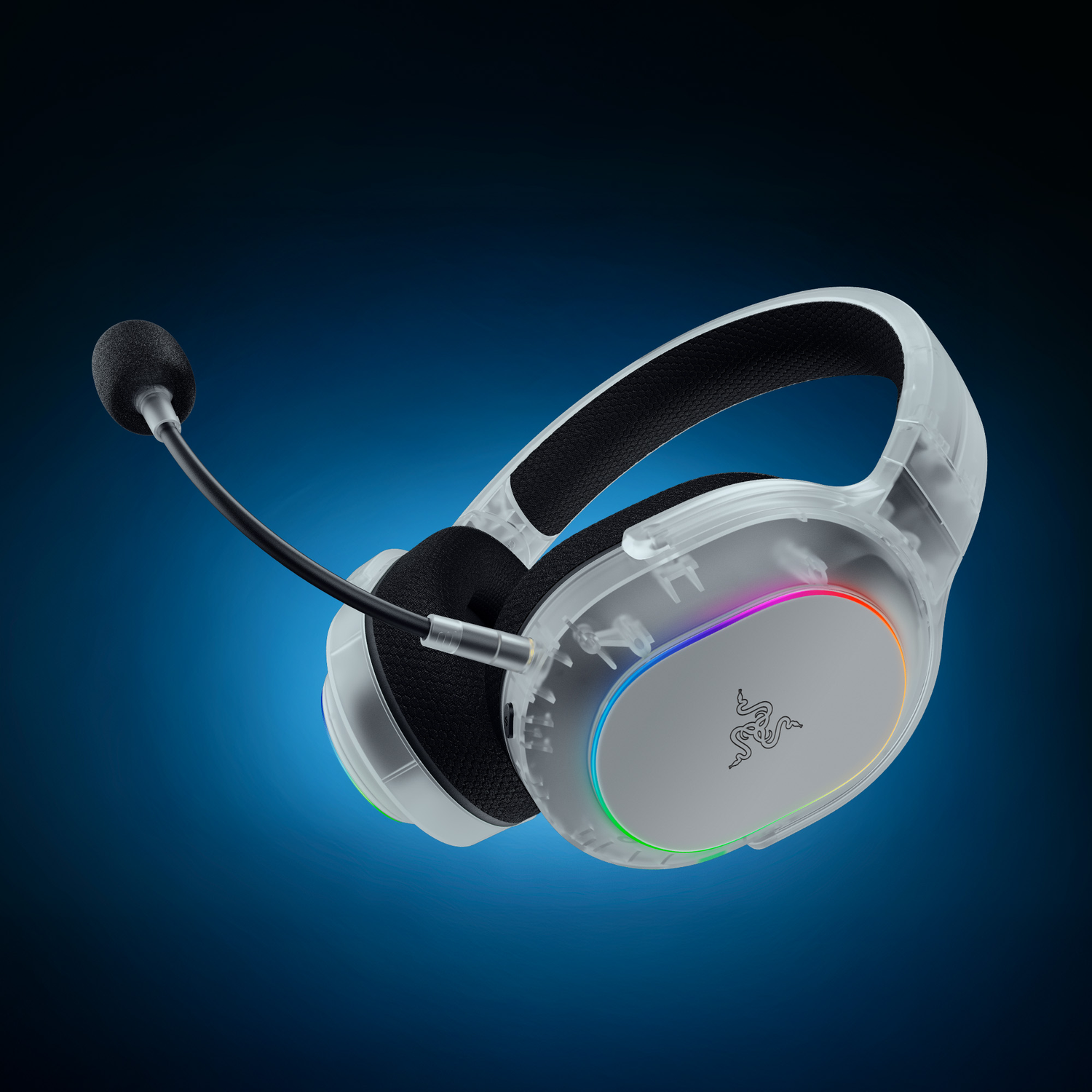 Transparent gaming headset with a flexible microphone and RGB lighting on earcups.