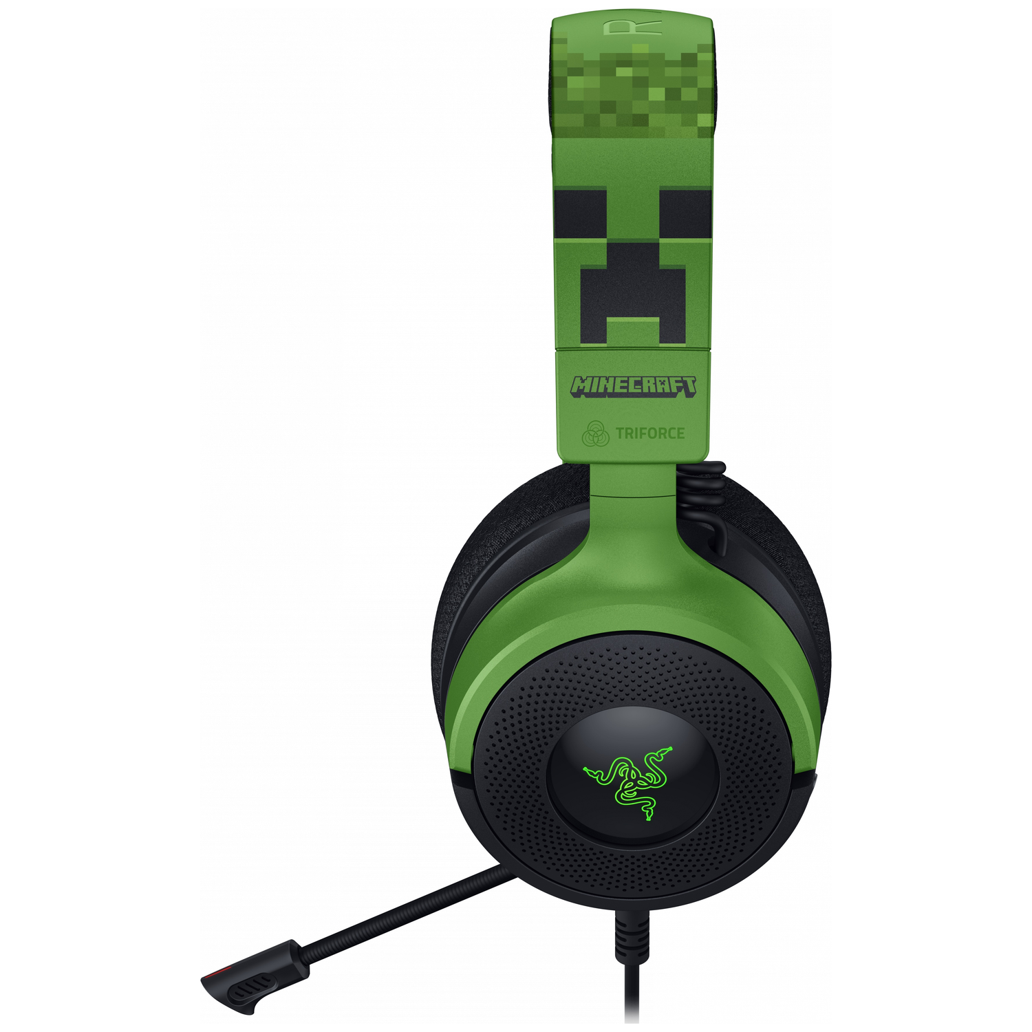 Green gaming headset with Minecraft Creeper design and microphone.