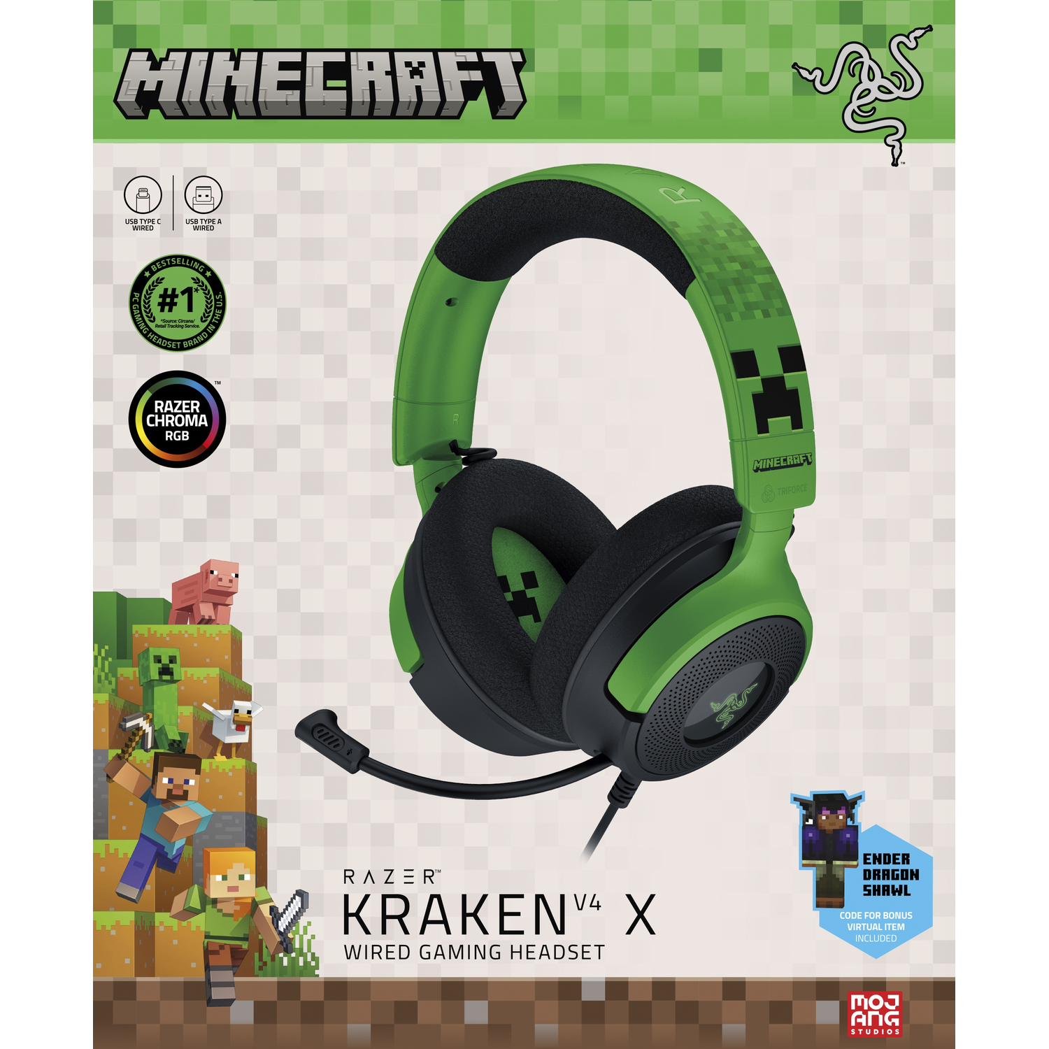 Green Minecraft headphones with microphone, detailed foreground with characters.