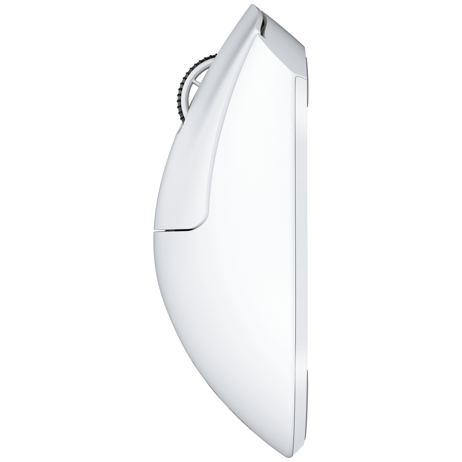Een witte computermuis met scrollwiel, van opzij gezien.