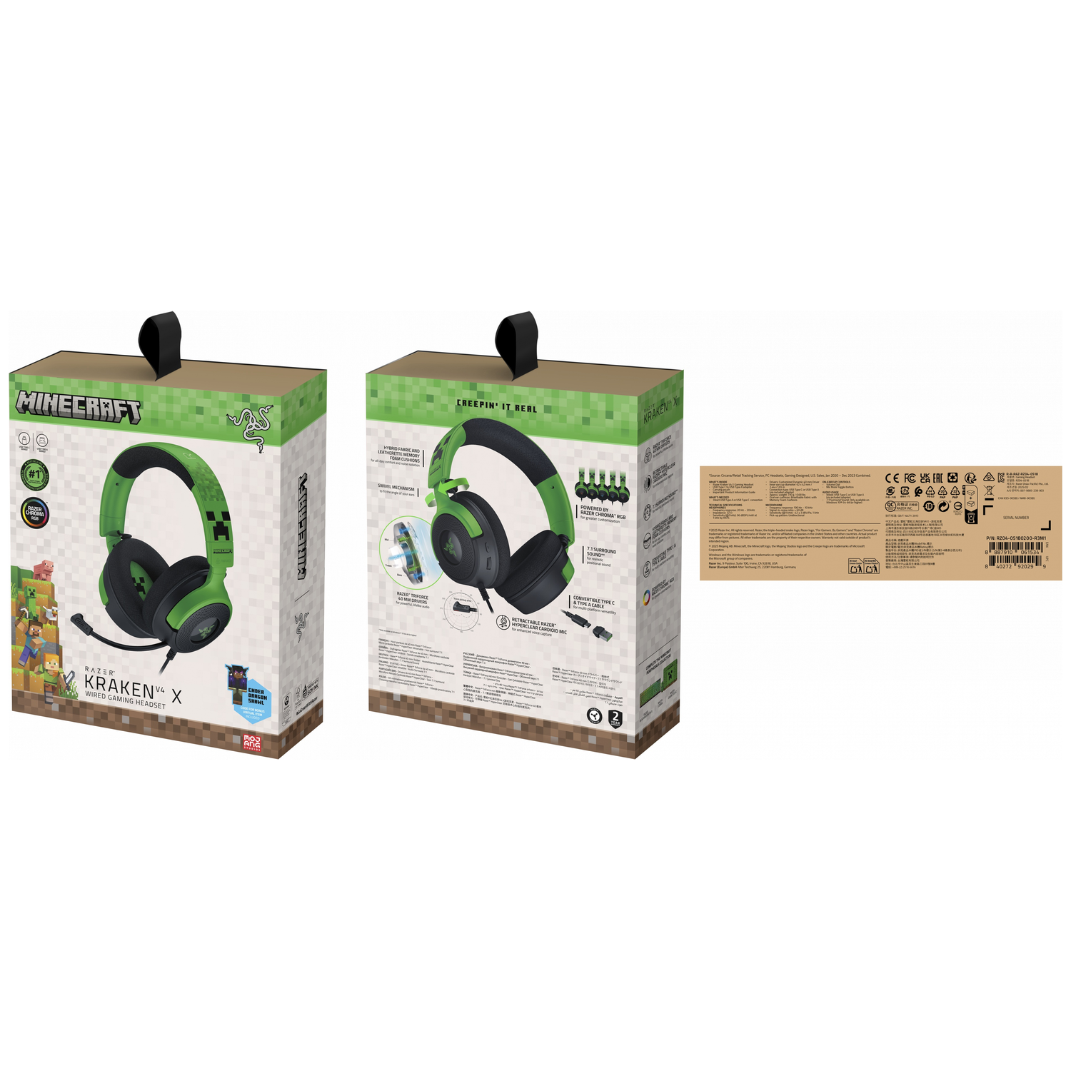 Green Minecraft gaming headset with microphone in box, with back view and label.
