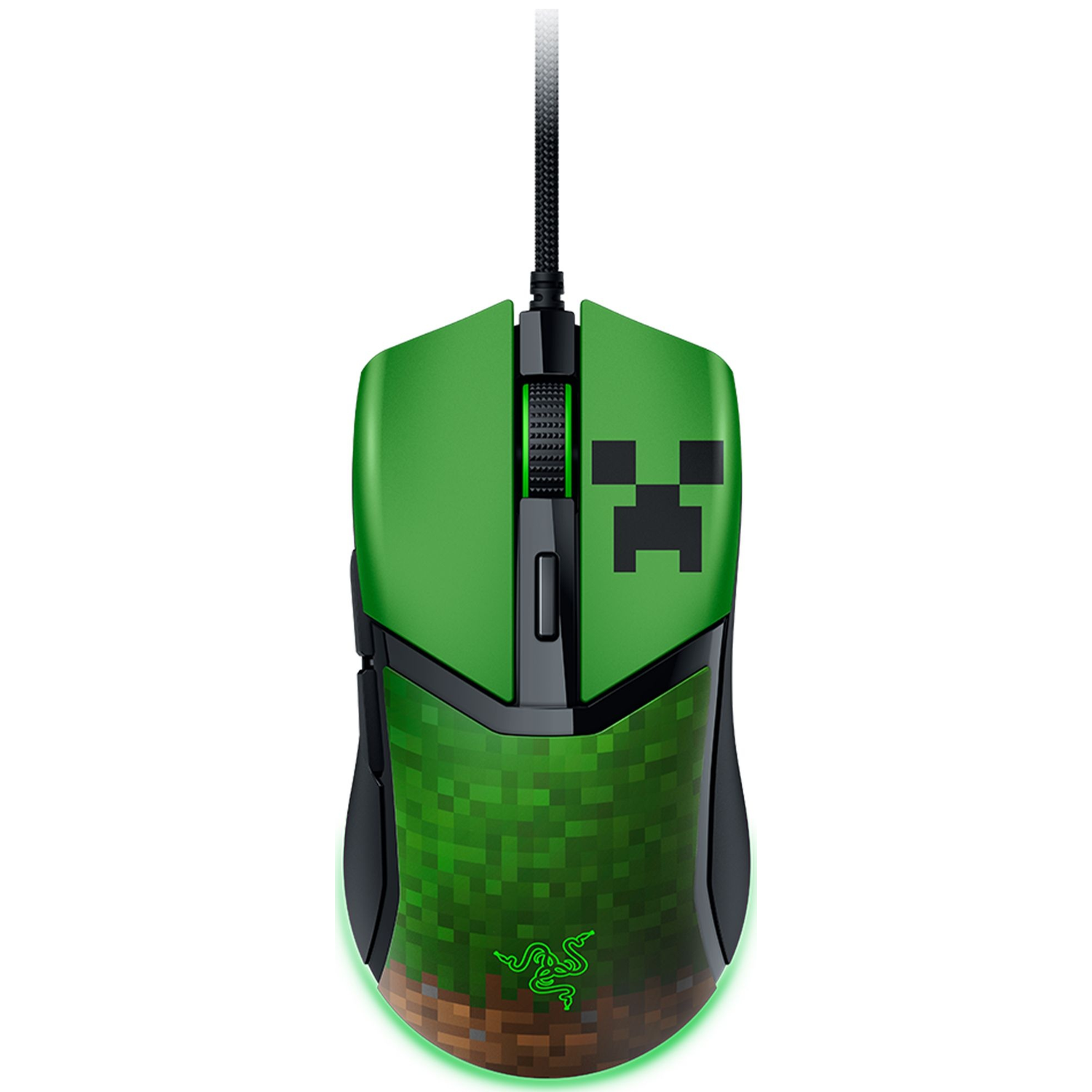 Groene muis met Minecraft-thema, pixelgras en Creeper-gezicht.