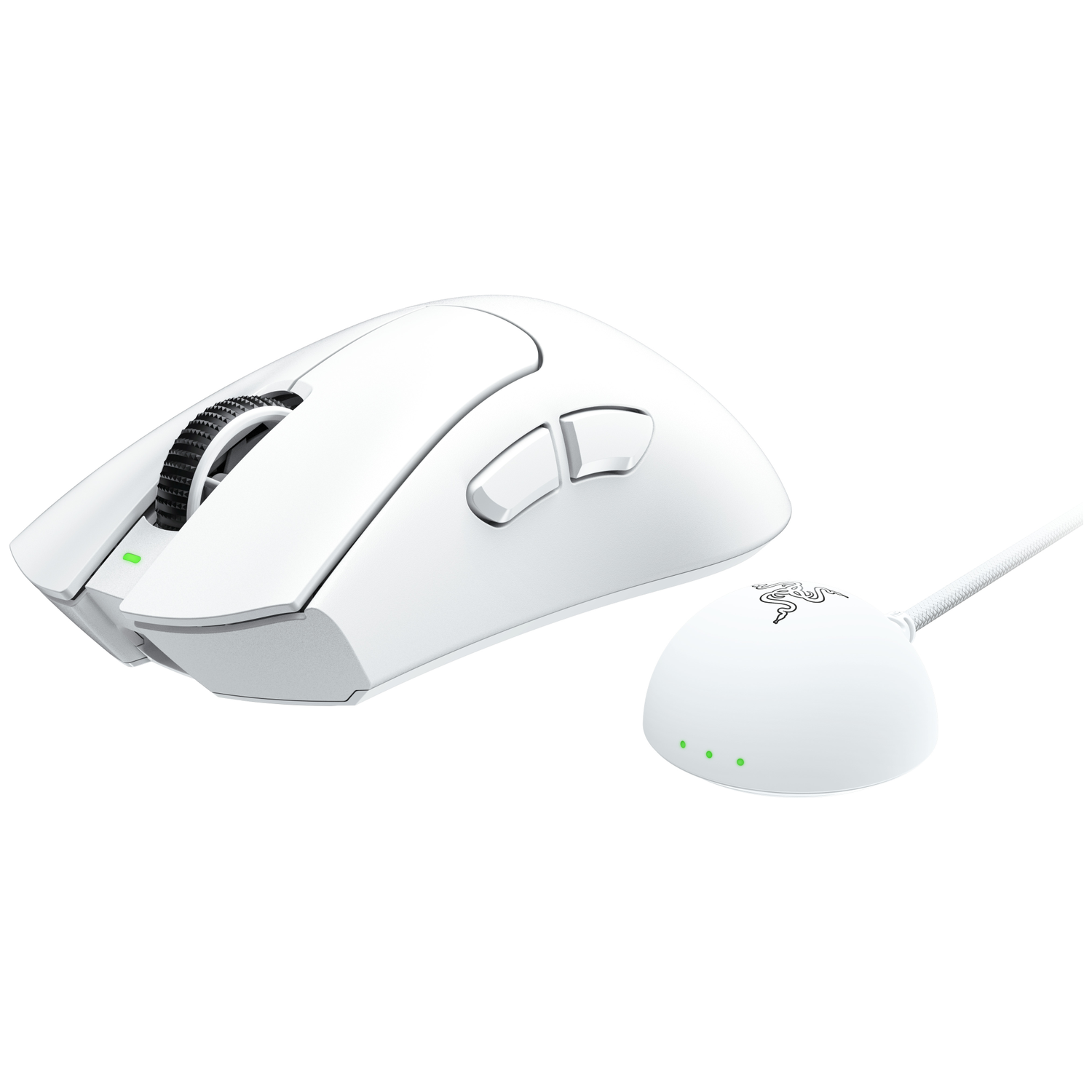 Witte gamingmuis met oplaadkabel en oplaadstation met Razer-logo.