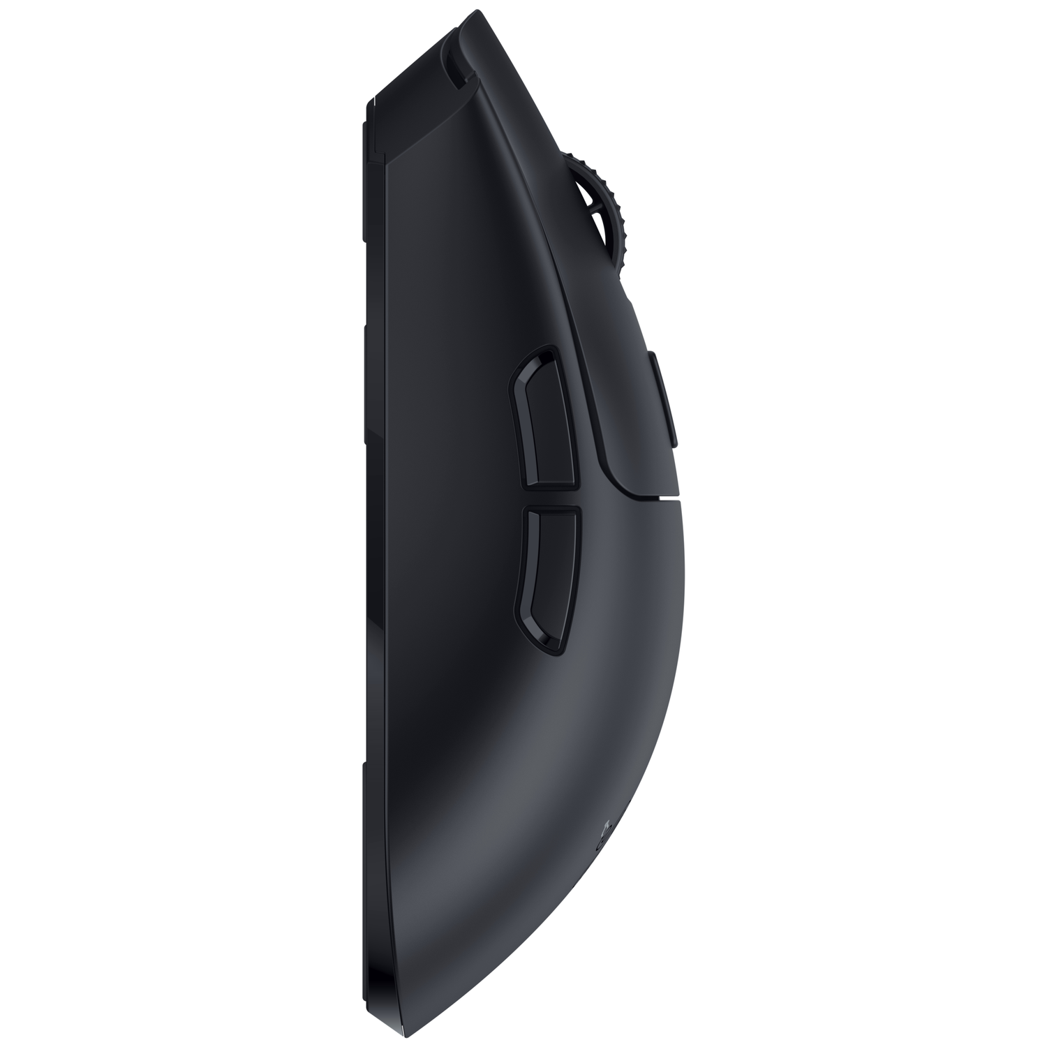 Black computer mouse with scroll wheel and buttons, side view.