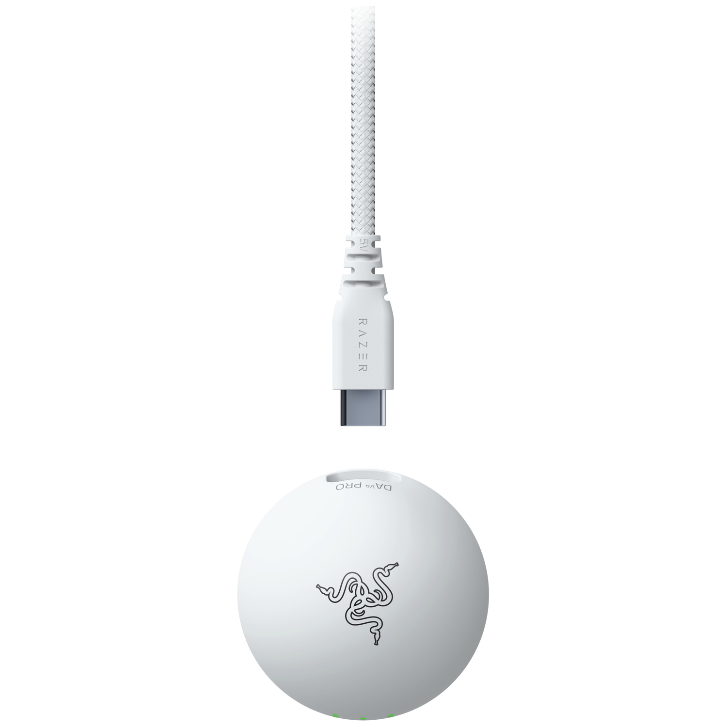 Witte Razer-kabel met USB-C-connector bovenop een ronde witte basis met Razer-logo.