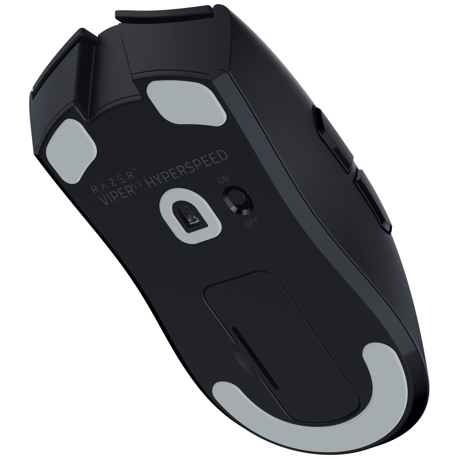 Black Razer Viper V3 Hyperspeed gaming mouse, underside with gray glide pads.
