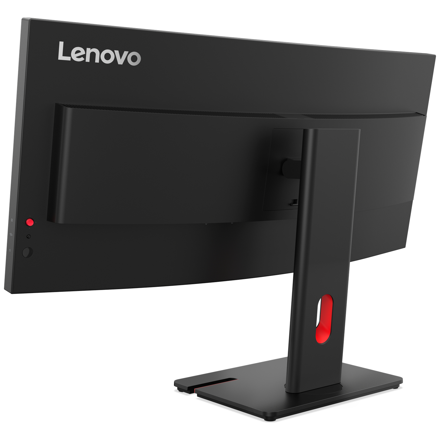 Black Lenovo monitor from the back with a red detail on the stand.