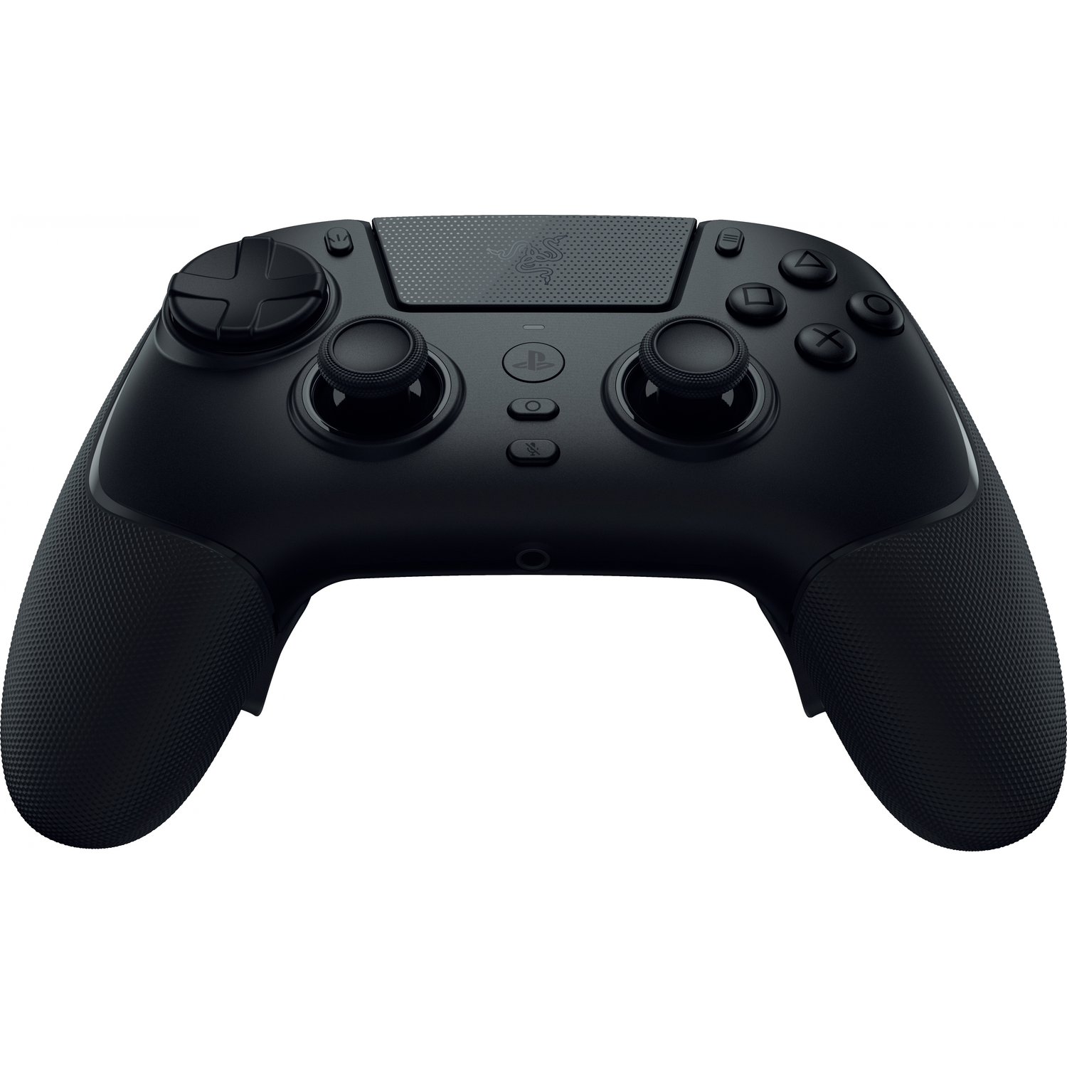 A black gaming controller featuring two joysticks, a D-pad, and buttons.