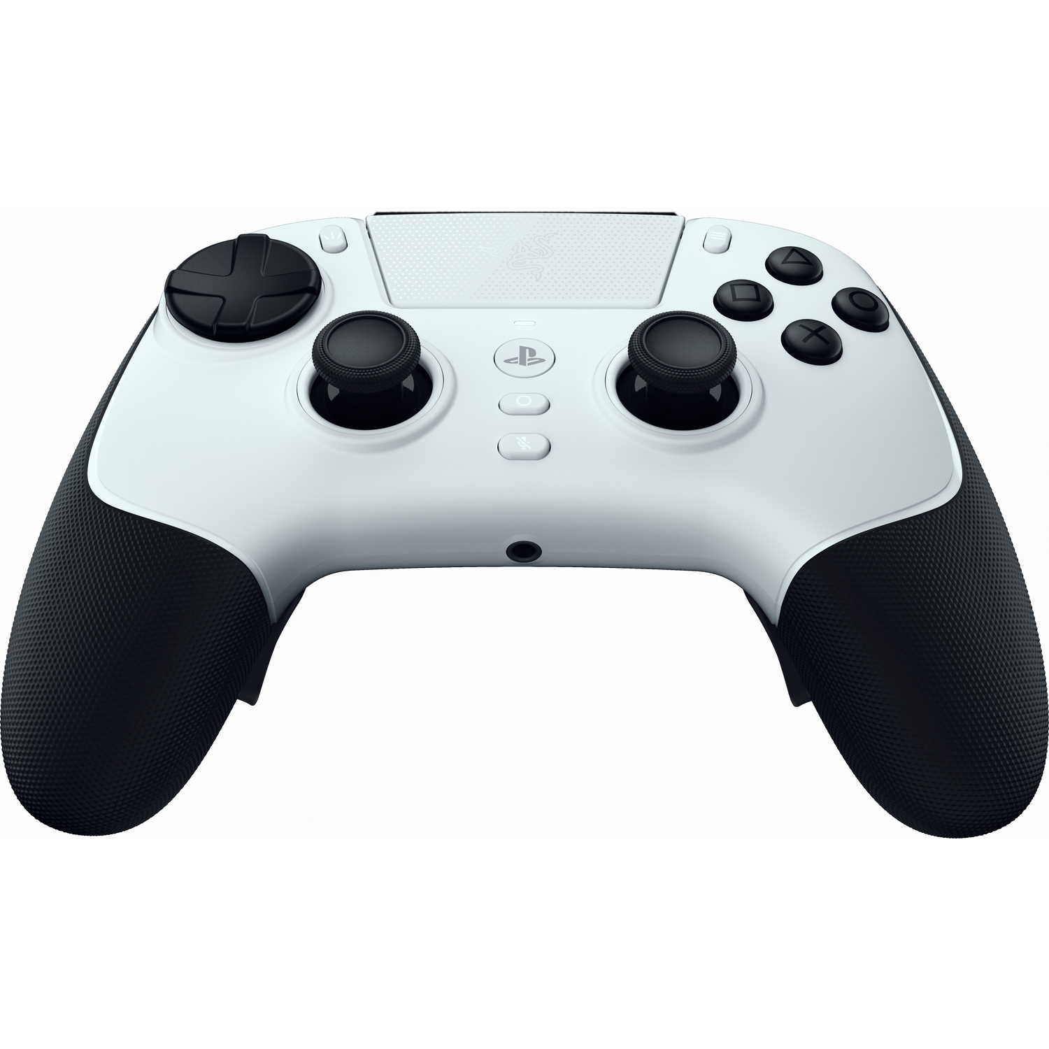 A white gaming controller with black grips and buttons.