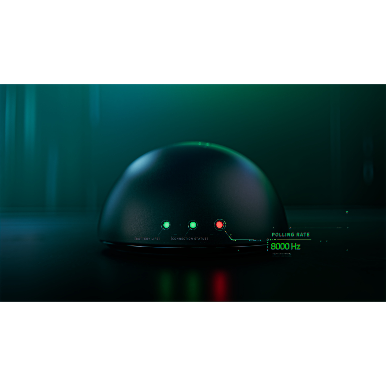 Een zwart cirkelvormig object met groene lichten en een rood licht, toont 8000 Hz.