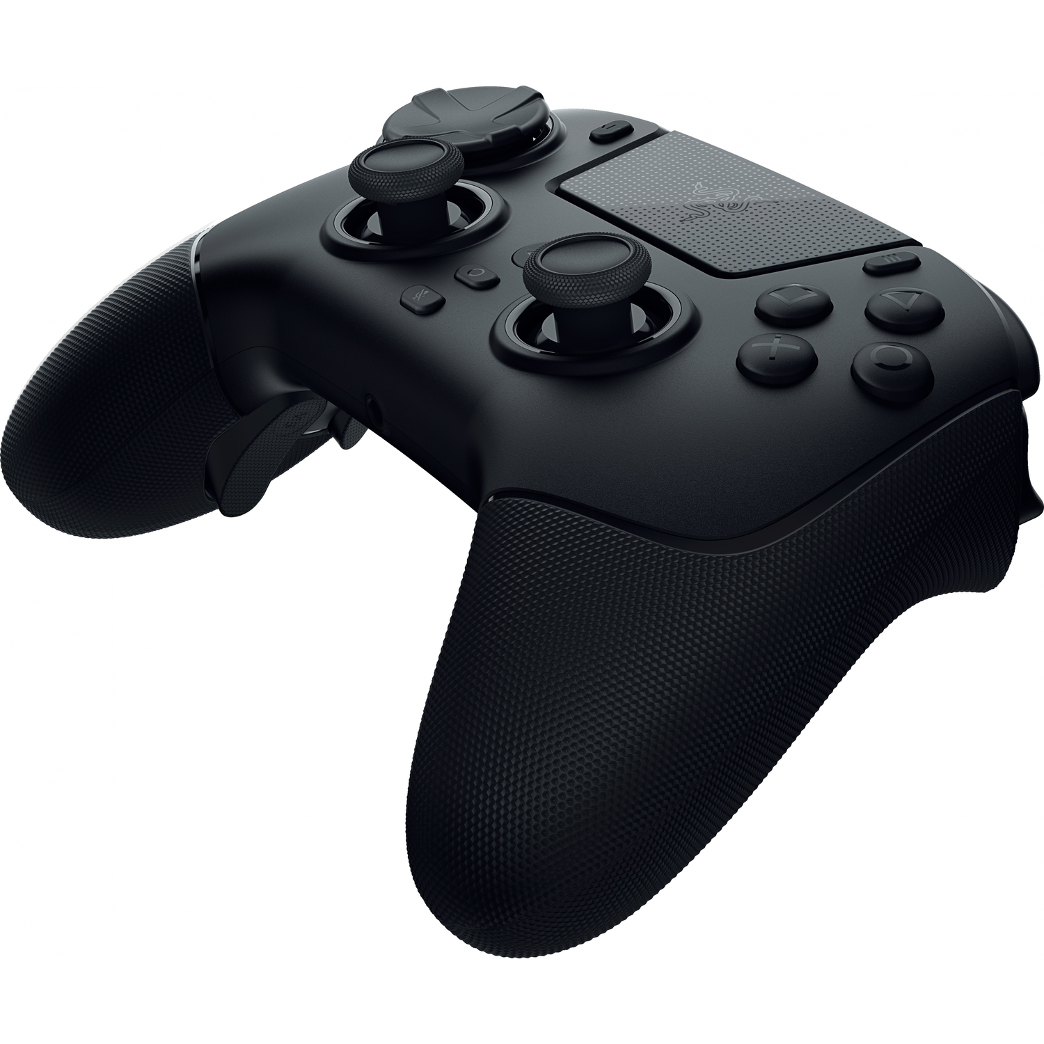 Black gaming controller with textured grips and analog sticks.