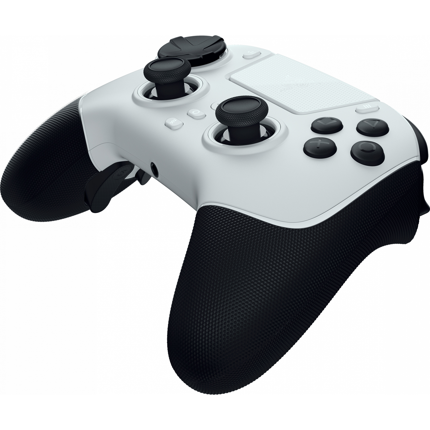 A white and black gaming controller with two joysticks and buttons.