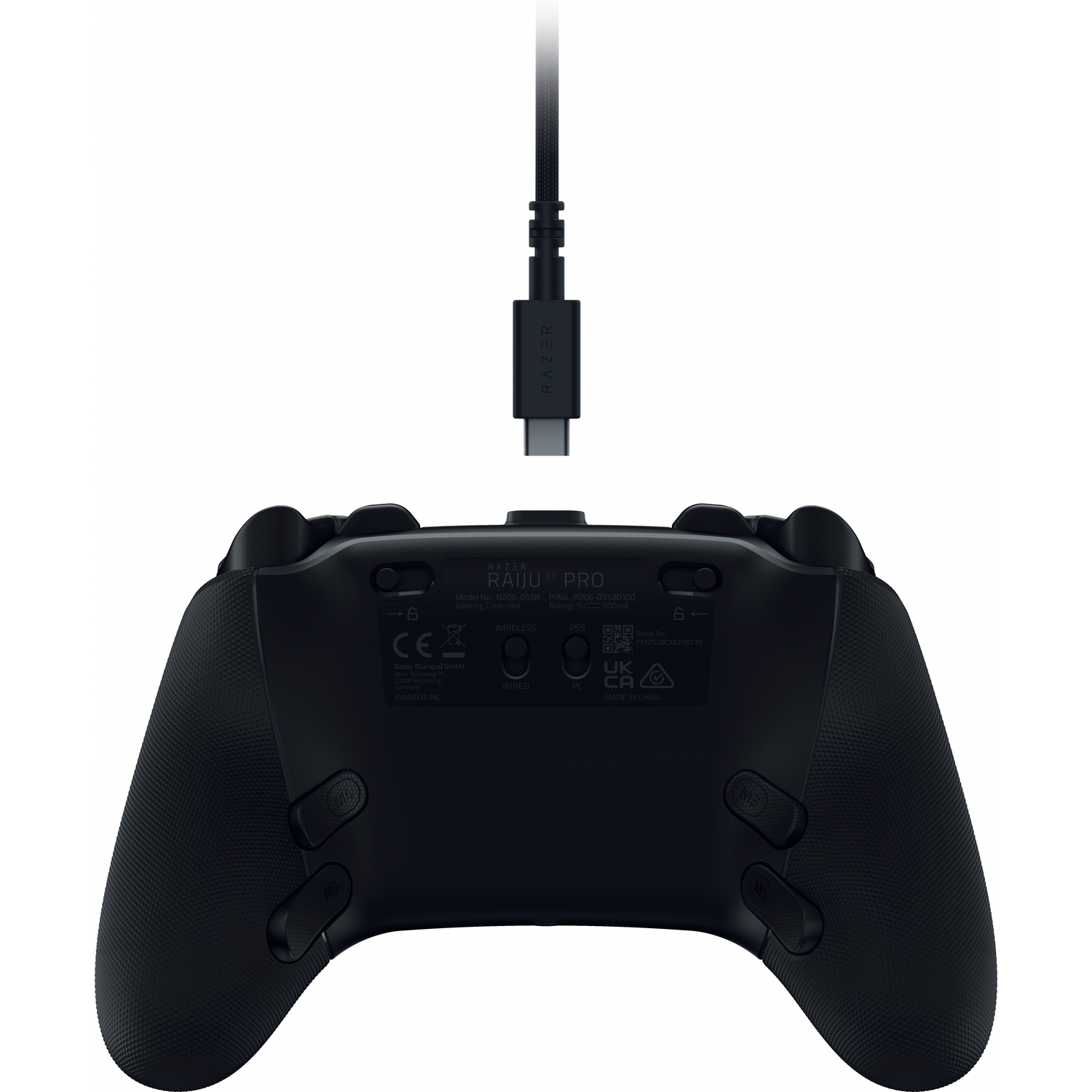 Black Razer Raiju Pro gaming controller with USB-C cable, rear view.