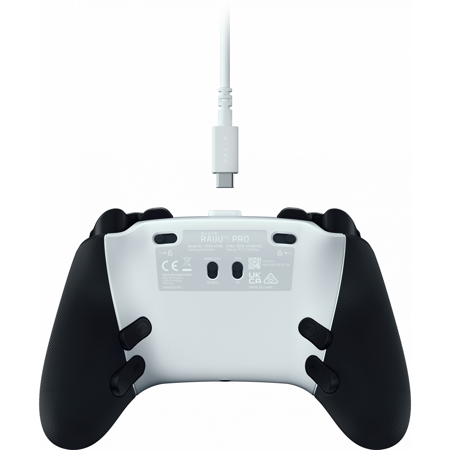 White gaming controller back with black grips and cable.