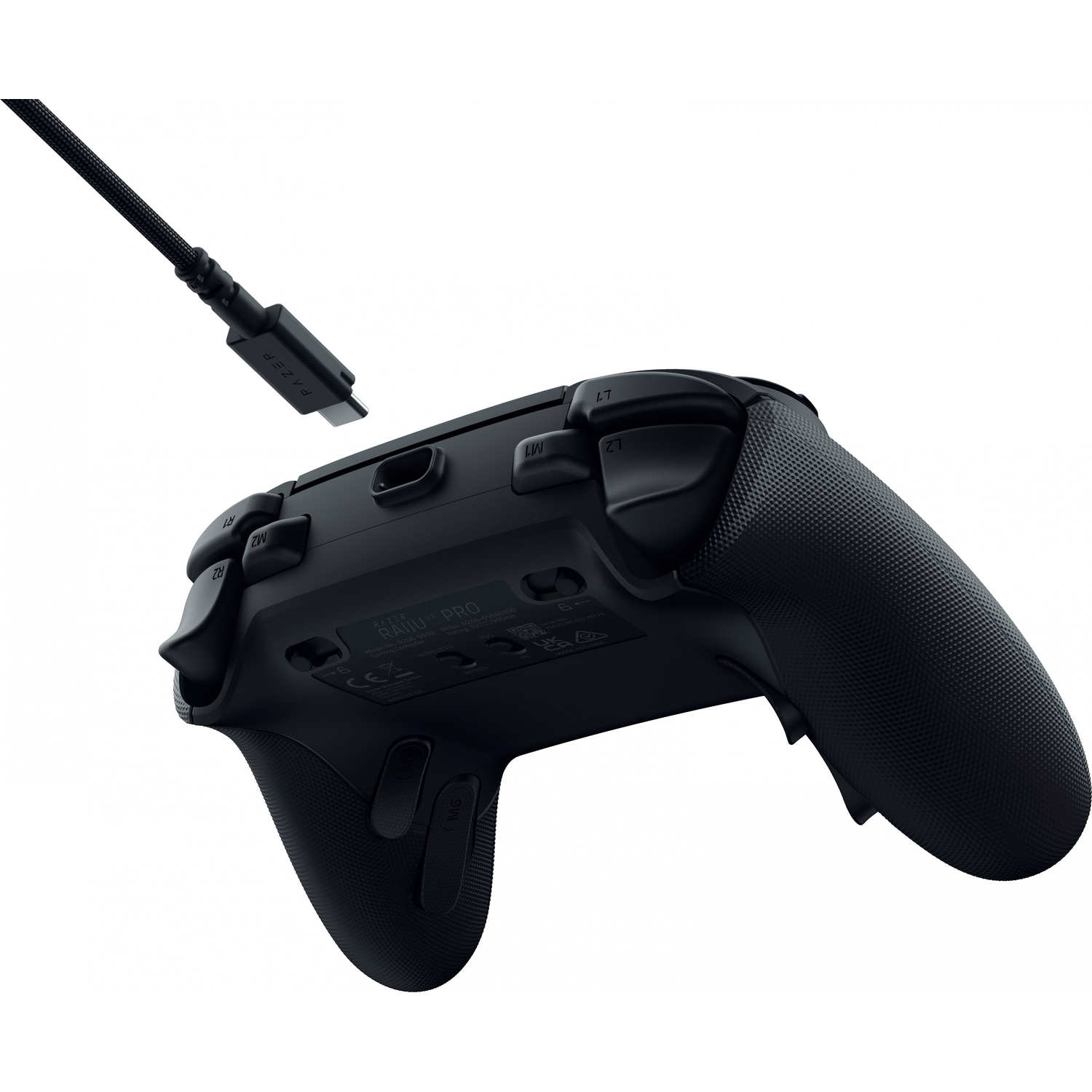 Black Razer Raiju Pro controller with USB-C cable, on a white background.