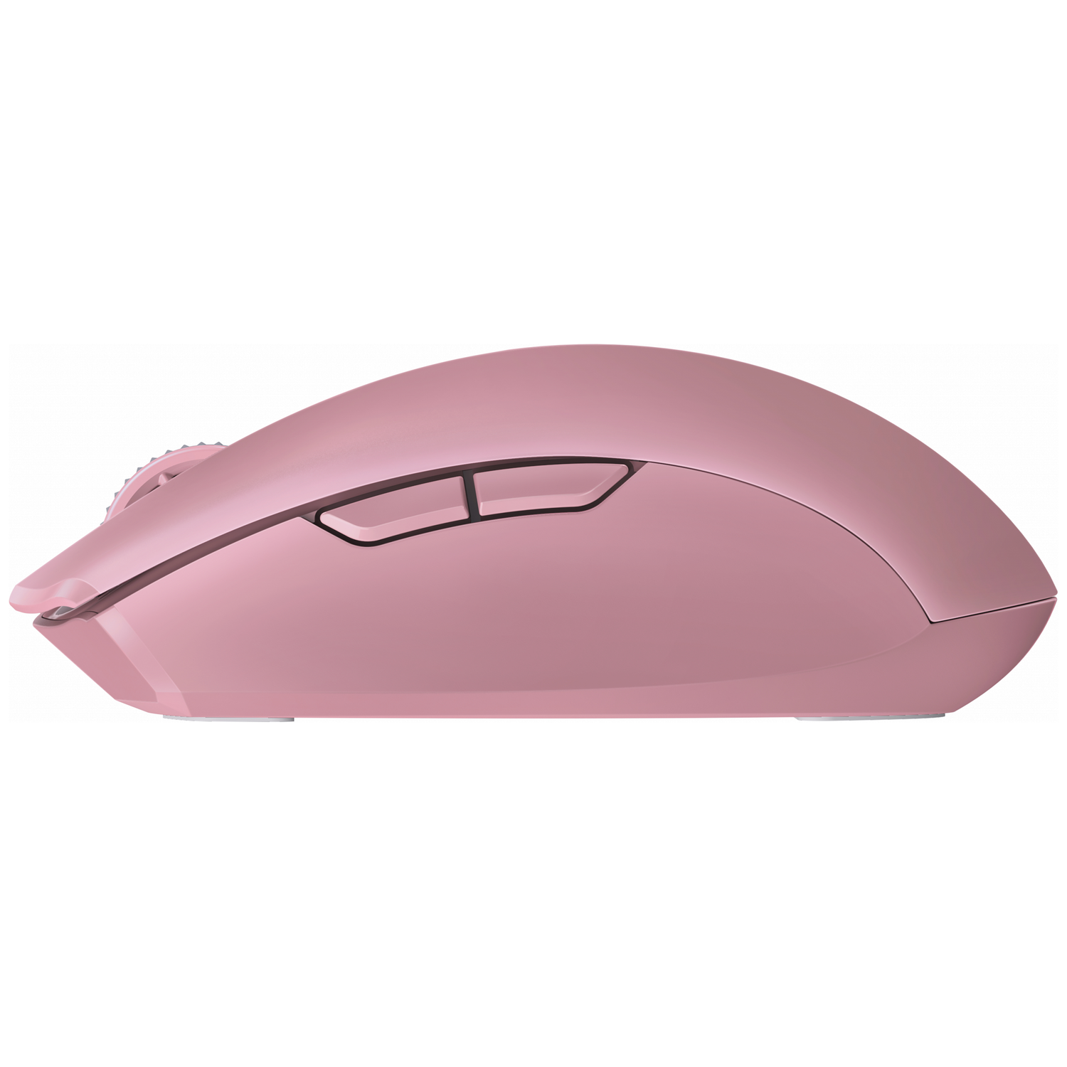 Een roze computermuis met een scrollwiel en twee knoppen.