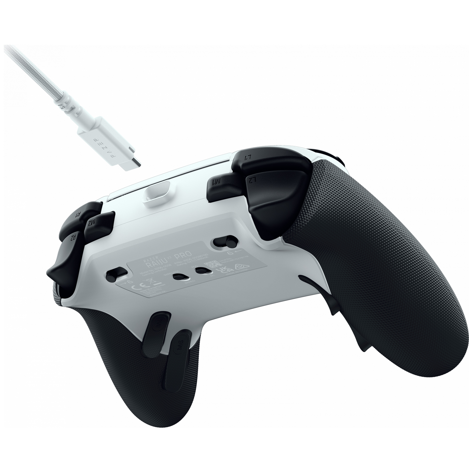 White Razer Raiju Pro controller with black grips and a white USB-C cable.