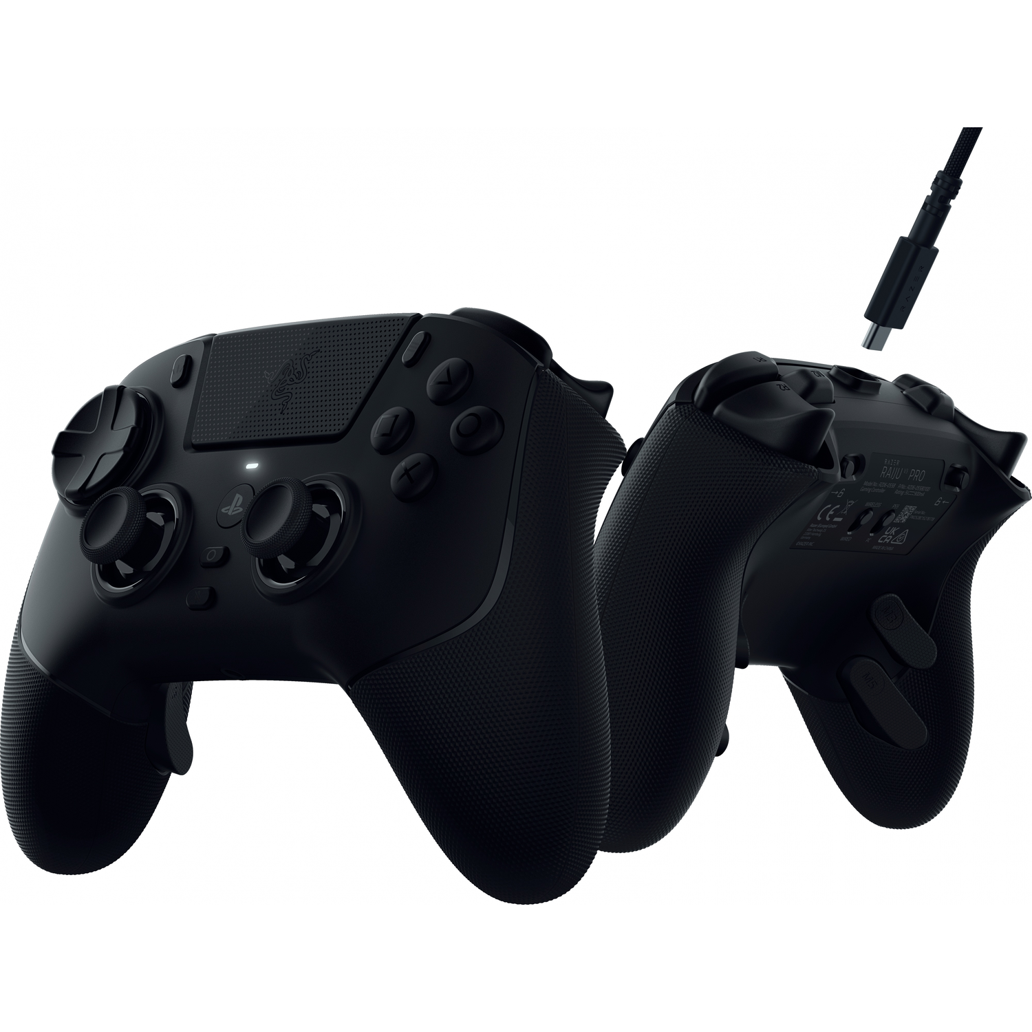Two black Razer gaming controllers side by side, one with a USB-C cable.