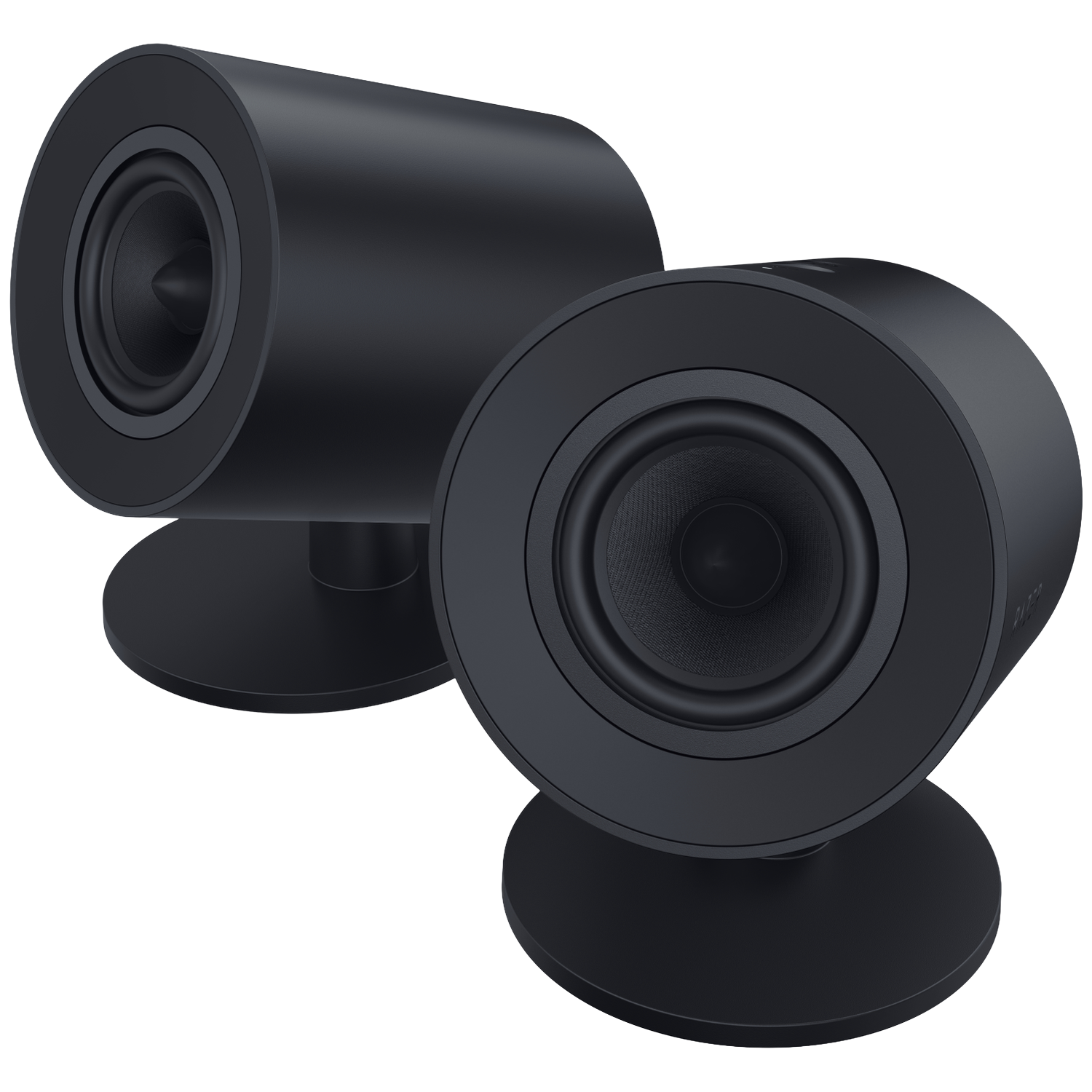Deux haut-parleurs cylindriques noirs avec bases rondes sur fond noir.