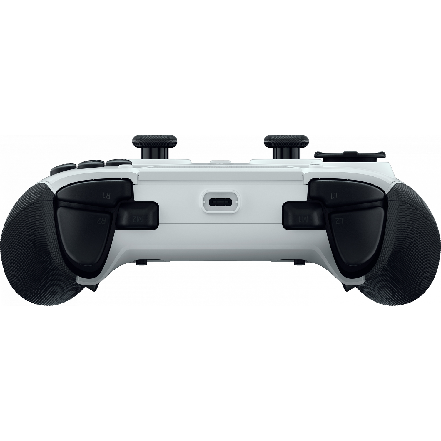 A white gaming controller with black grips and buttons.