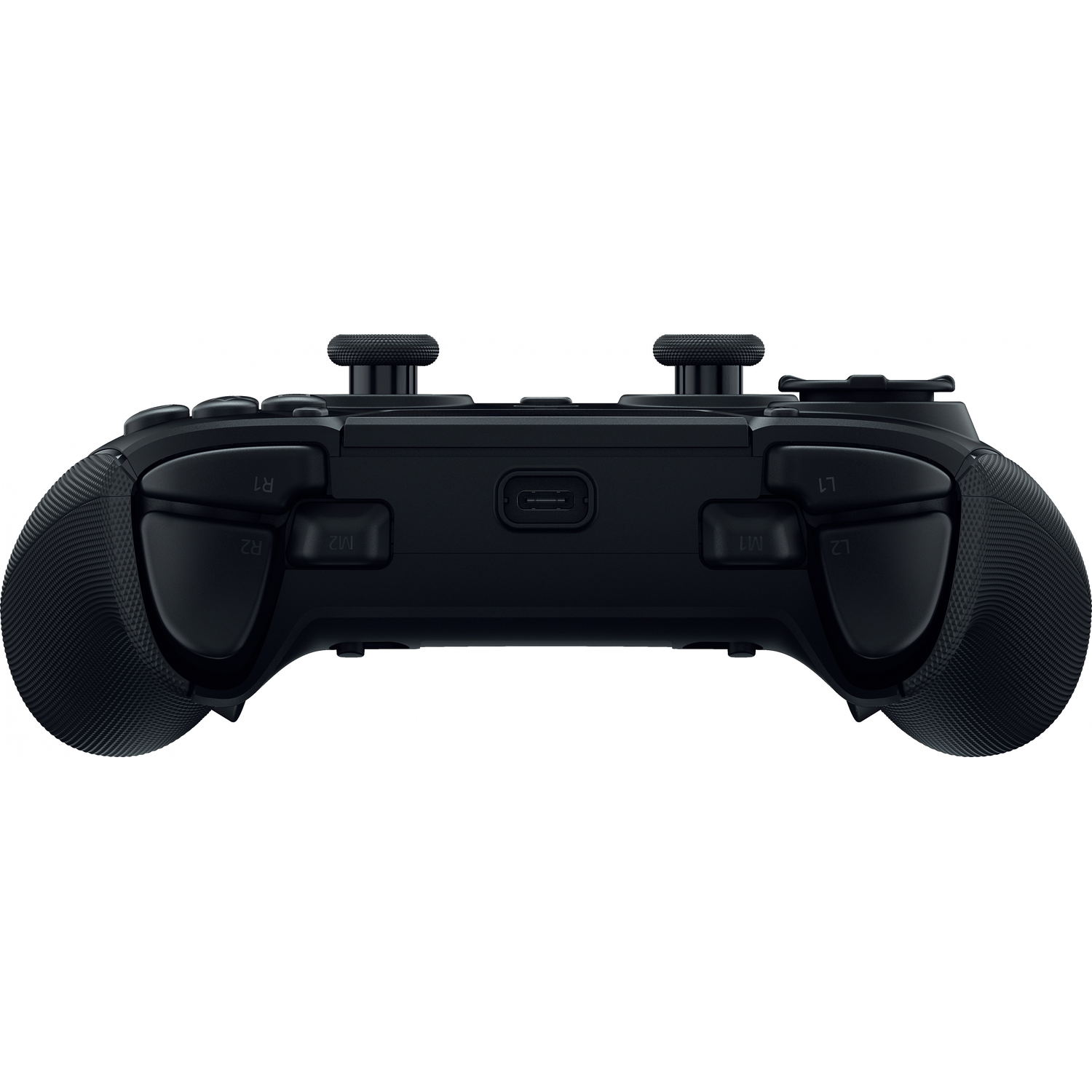 Black game controller with two joysticks, buttons, and a USB-C port.