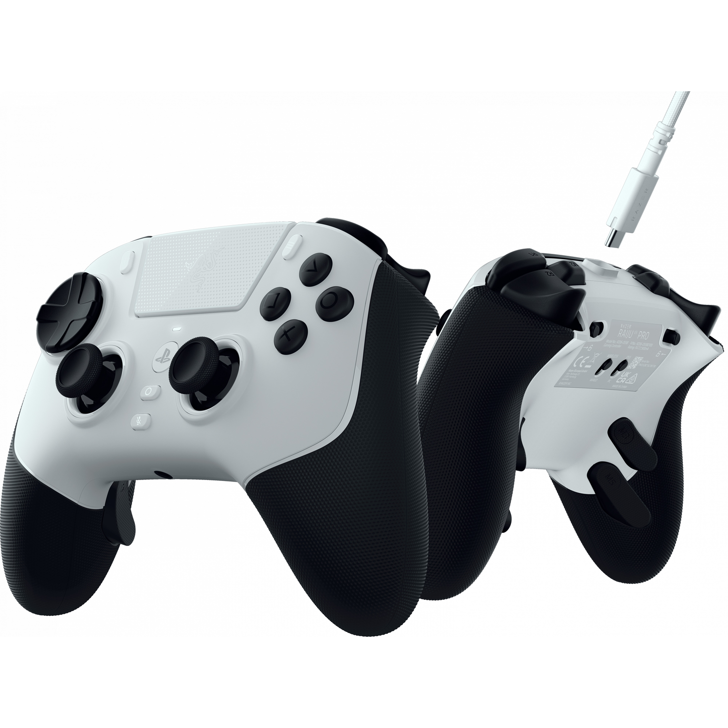Two white and black gaming controllers with a cable.