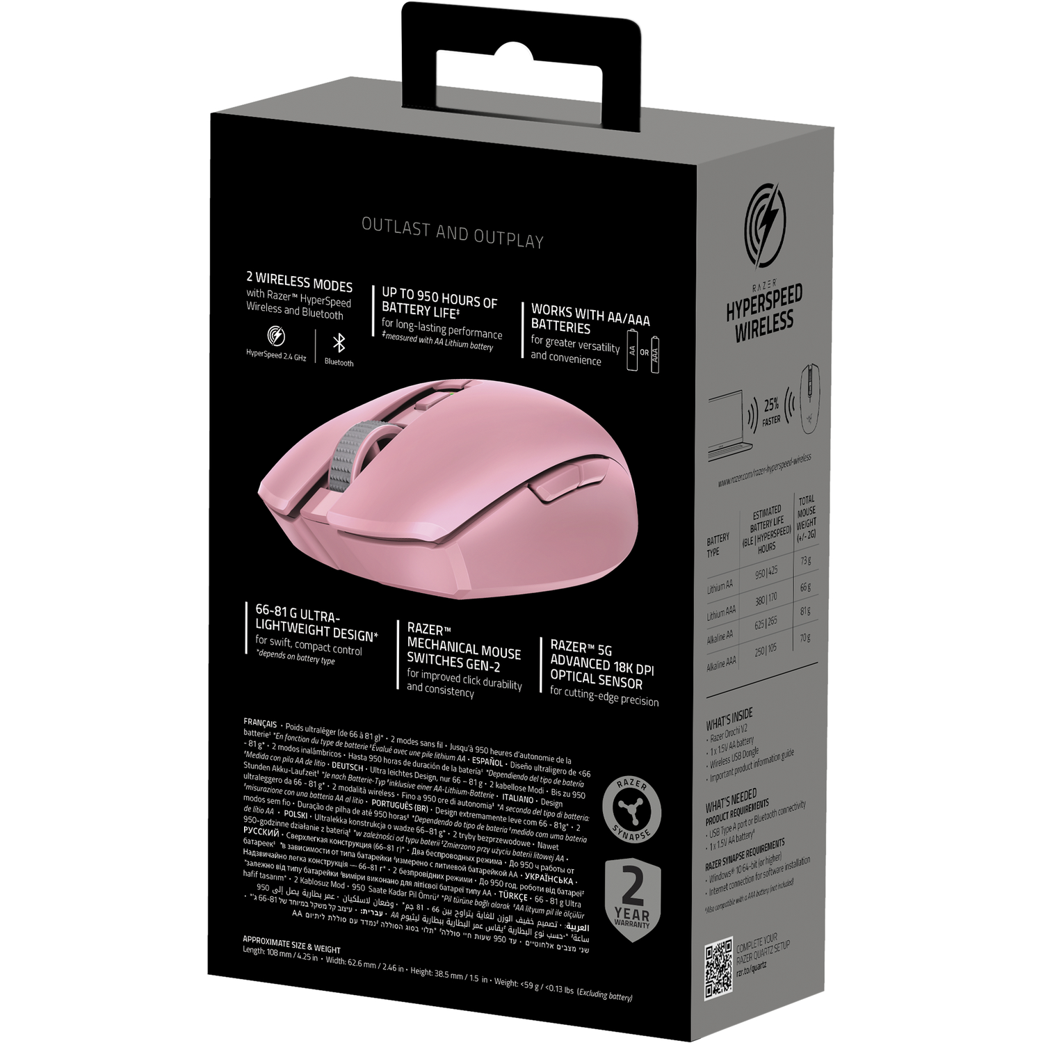Roze Razer gamingmuis met technische gegevens en specificaties op de verpakking.
