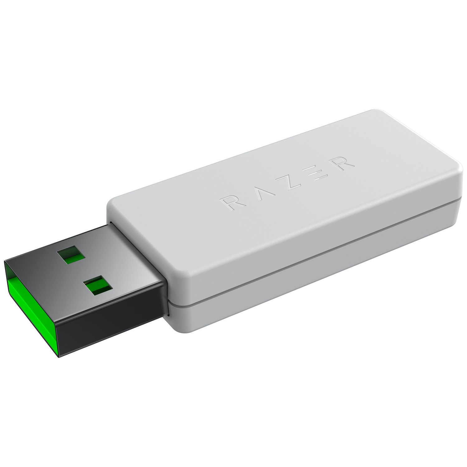 A white USB adapter with a green connector and the Razer logo.