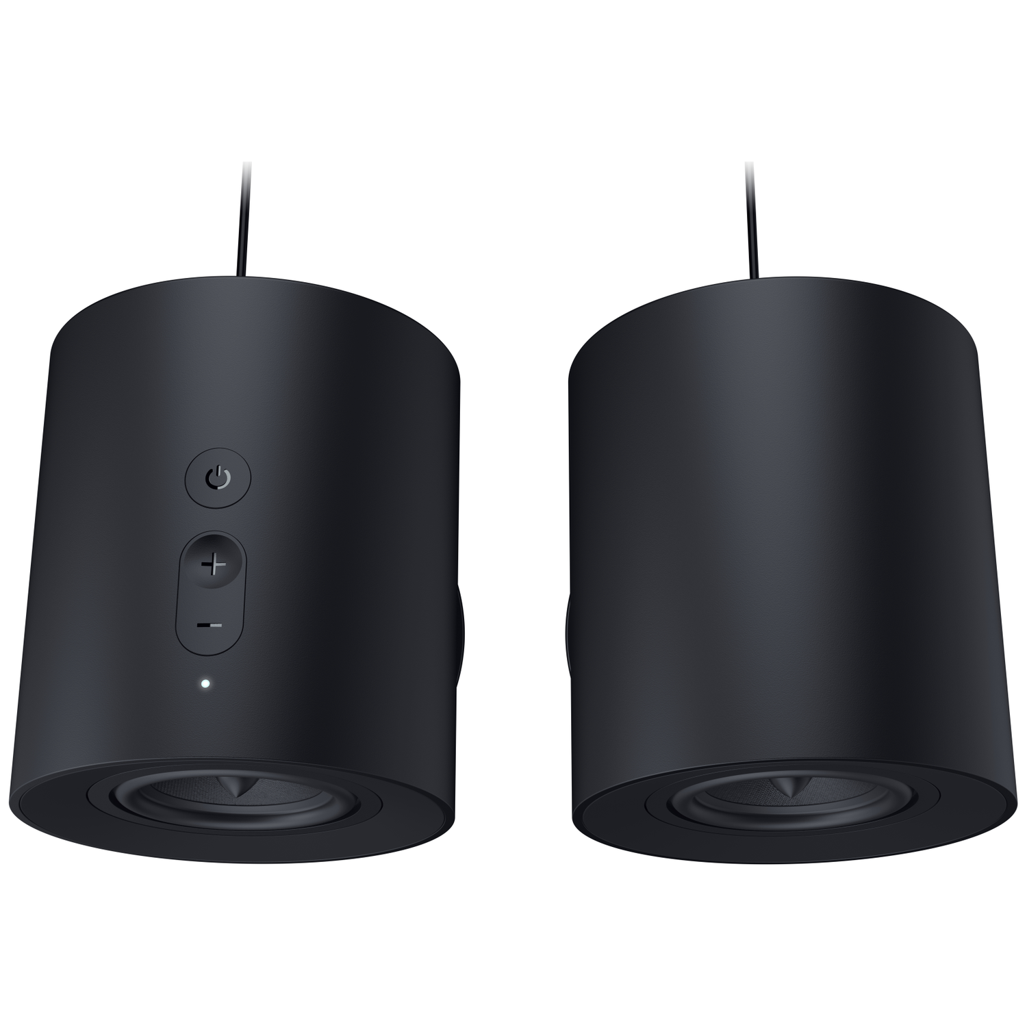 Deux haut-parleurs cylindriques noirs avec des commandes à l'avant.