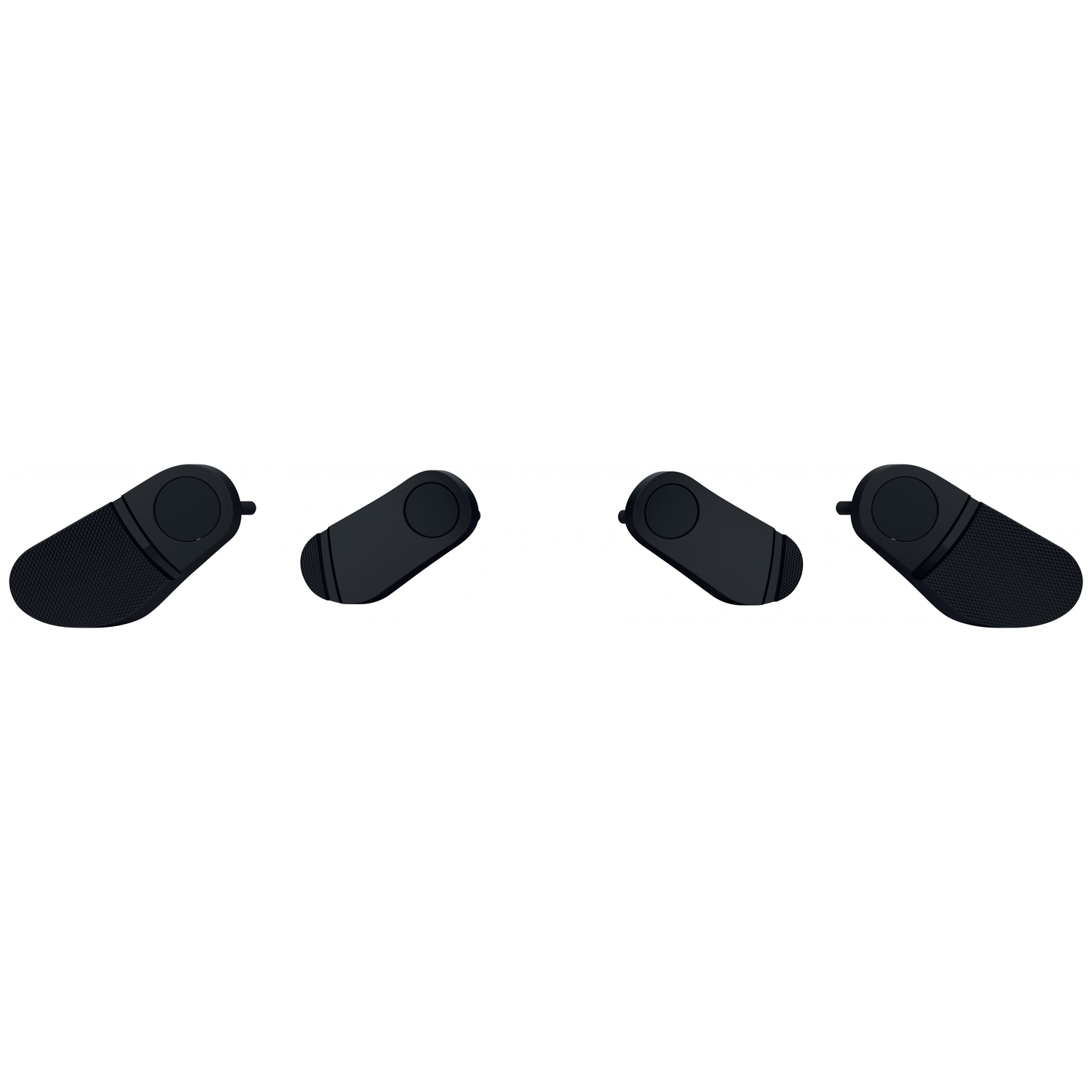 Four black oval objects with a circle in the center, on a white background.