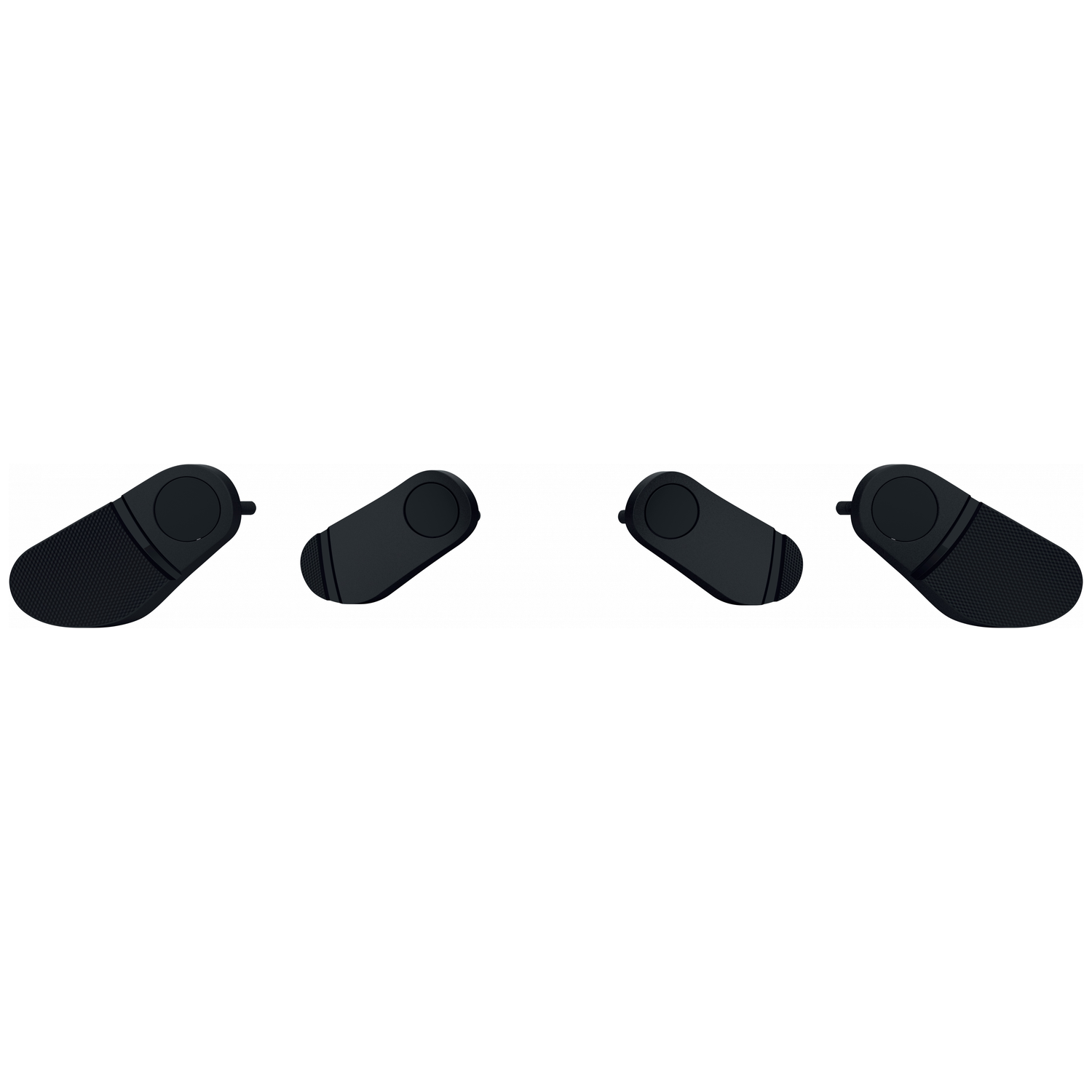 Four black oval objects with circular elements, on a white background.