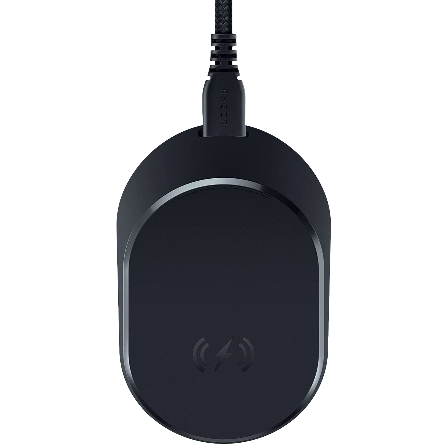 Câble de chargement Razer noir avec socle de chargement ovale et symbole éclair.