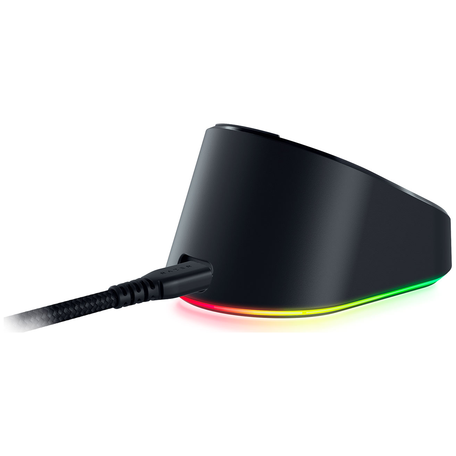 Support de charge noir avec éclairage RVB et câble connecté.