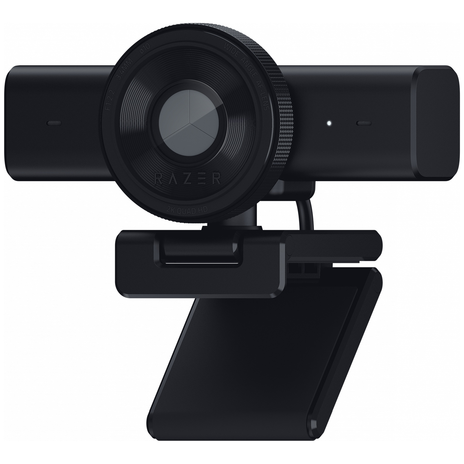 Une webcam Razer noire avec résolution 2K Quad HD et objectif grand angle.