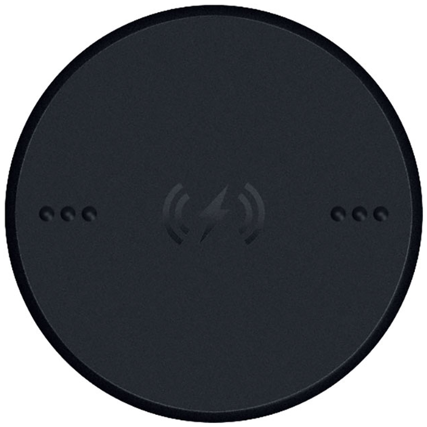 Base de recharge sans fil ronde noire avec symbole éclair et trois points.