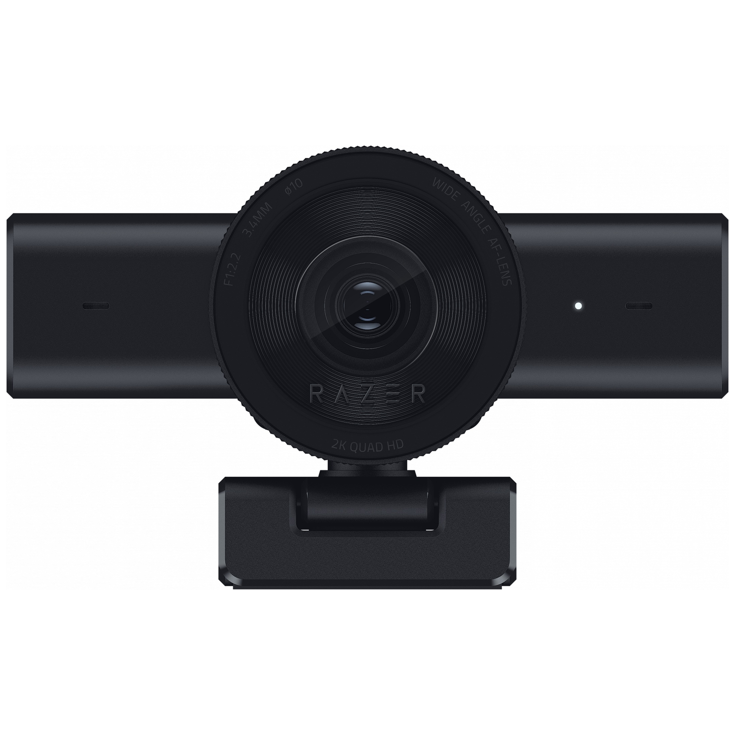 Une webcam Razer noire avec objectif grand angle et support.