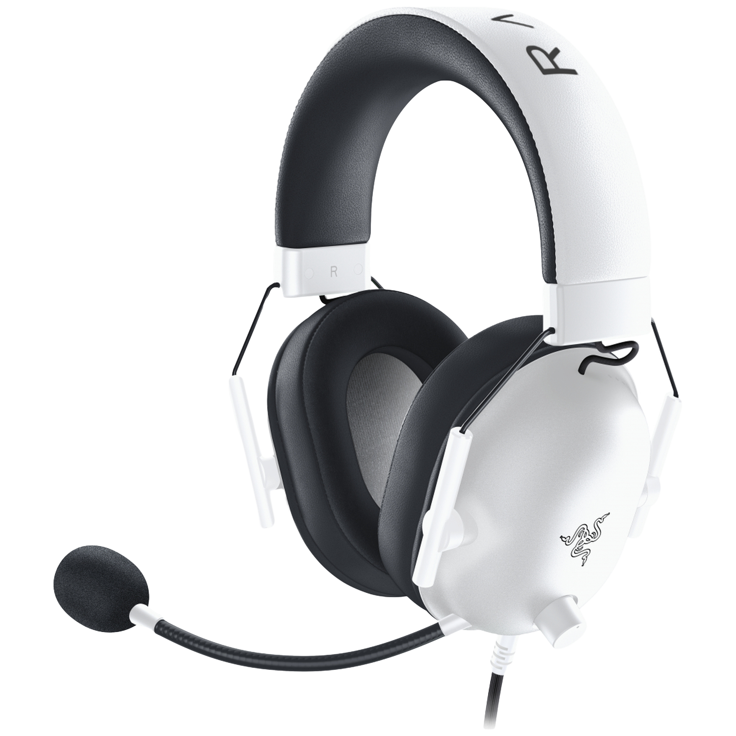 White headphones with a microphone and black headband, on a black background.