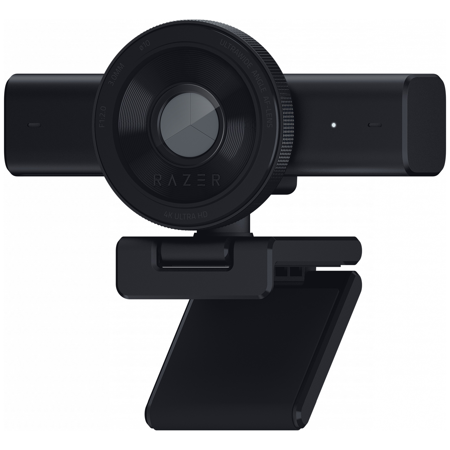 A black Razer 4K Ultra HD webcam with an ultrawide AF lens and integrated stand.